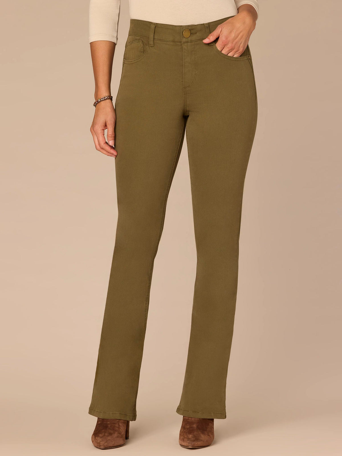 "Ab"solution Mid-Rise Itty Bitty Boot Woven Pants - Forest Moss|Brown|Oxblood|Chocolate Truffle