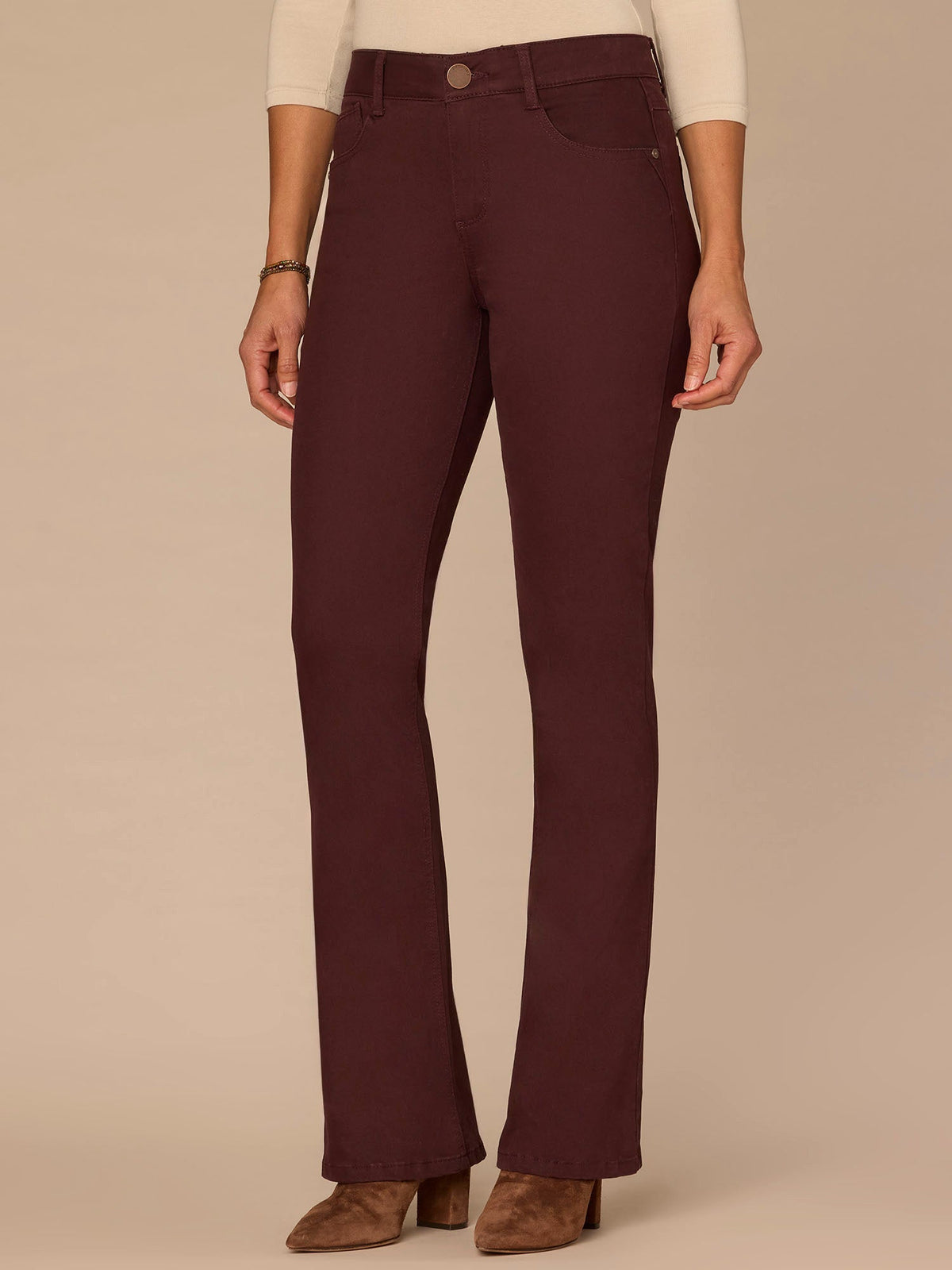 "Ab"solution Mid-Rise Itty Bitty Boot Woven Pants - Forest Moss|Brown|Oxblood|Chocolate Truffle