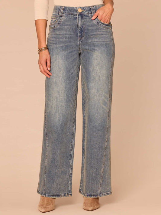 "Ab"solution® Skyrise Double Sweetheart Yoke Gold Foil Wide Leg Jeans - Mid Blue Artisanal Denim