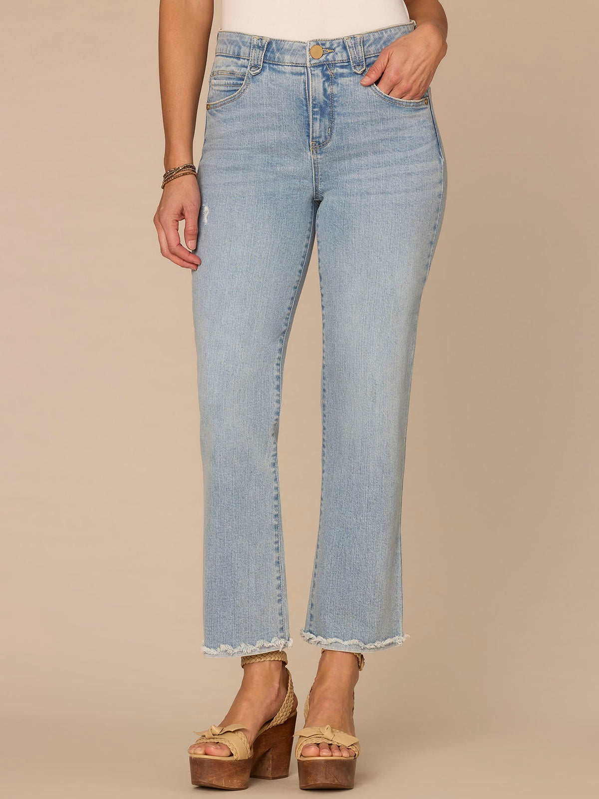 "Ab"solution® High Rise Fray Scallop Hem Petite Itty Bitty Flare Jeans - Light Blue Vintage Denim