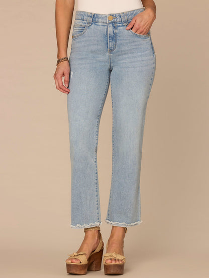 "Ab"solution® High Rise Fray Scallop Hem Petite Itty Bitty Flare Jeans - Light Blue Vintage Denim