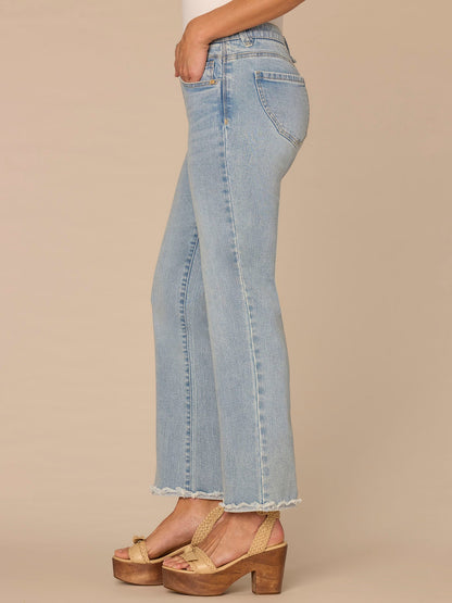 "Ab"solution® High Rise Fray Scallop Hem Petite Itty Bitty Flare Jeans - Light Blue Vintage Denim