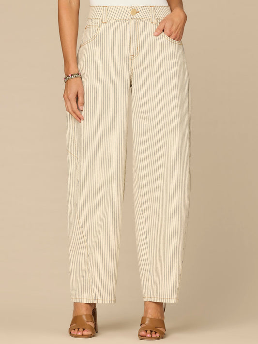“Ab”solution® High Rise Side Panel Snap Hem Petite Barrel Leg Jeans - Blanched Almond Navy Stripe