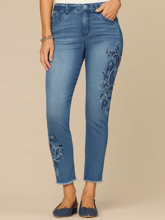 “Ab”solution® High Rise Paisley Embroidered Petite Ankle Skimmer Jeans - Mid Blue Artisanal Denim