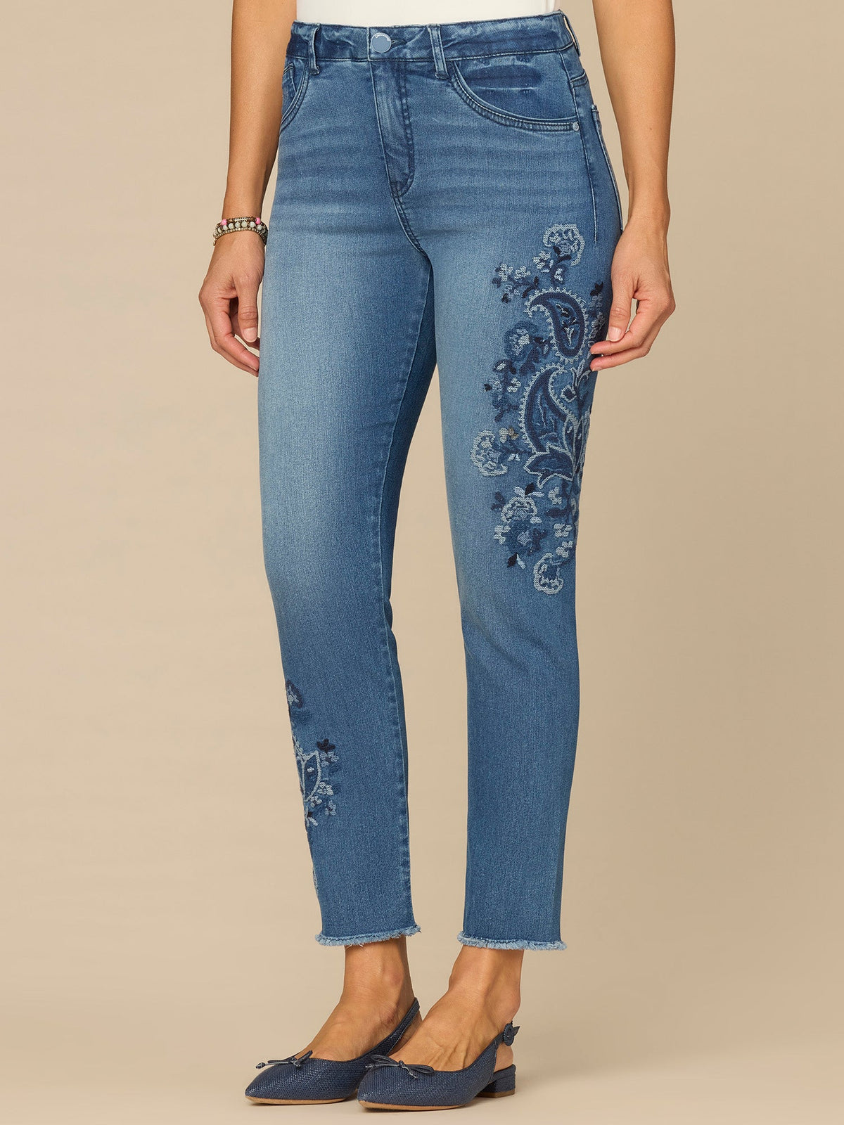 “Ab”solution® High Rise Paisley Embroidered Petite Ankle Skimmer Jeans - Mid Blue Artisanal Denim