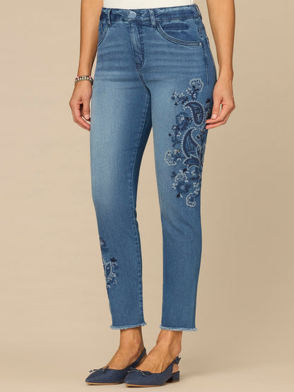“Ab”solution® High Rise Paisley Embroidered Petite Ankle Skimmer Jeans - Mid Blue Artisanal Denim