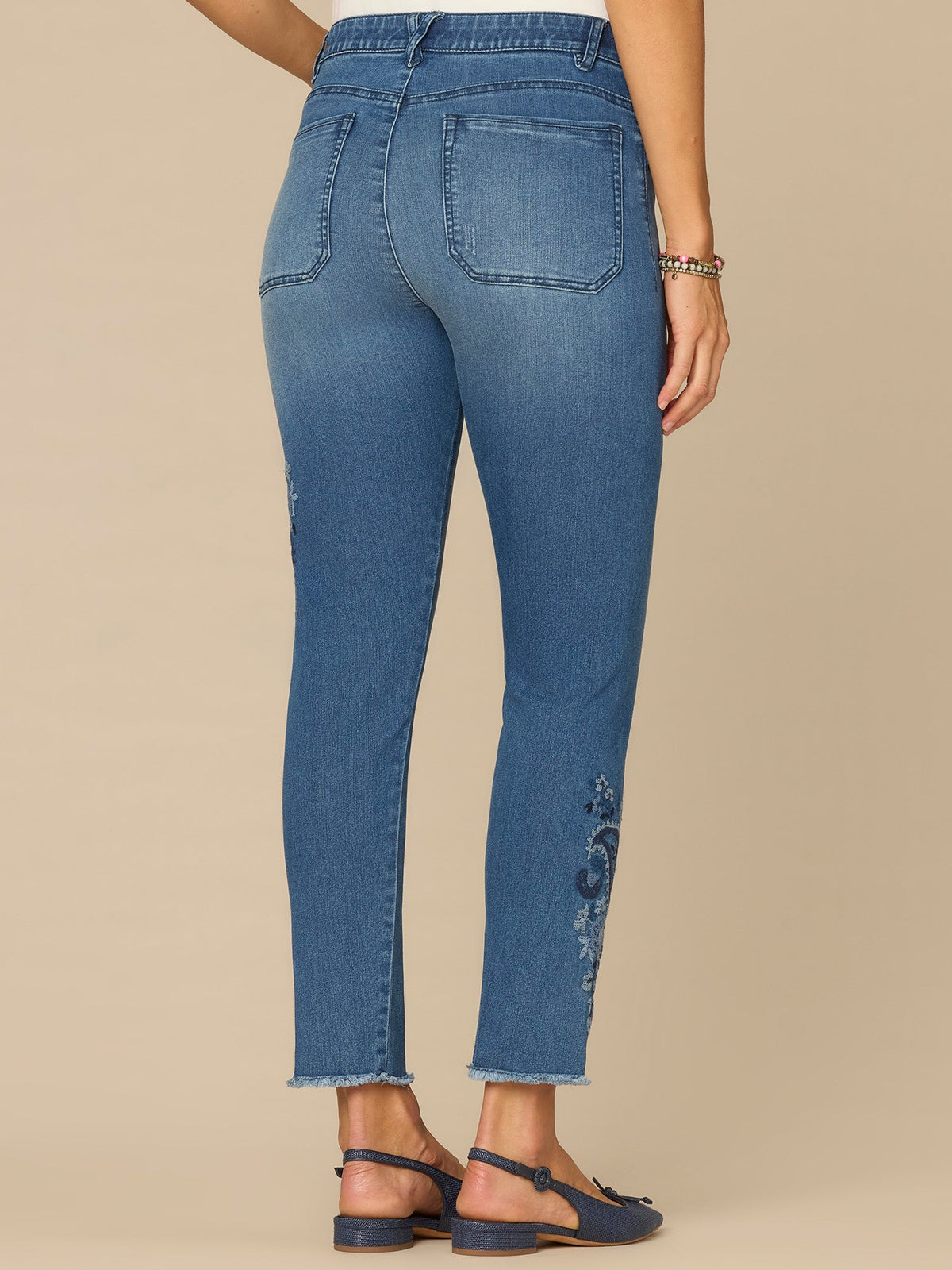 “Ab”solution® High Rise Paisley Embroidered Petite Ankle Skimmer Jeans - Mid Blue Artisanal Denim