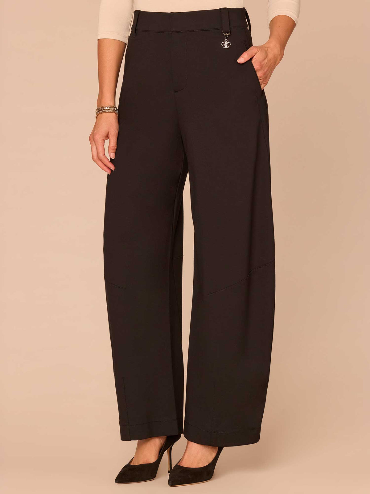 Ultra Skyrise Round Up Barrel Leg Ponte Knit Pants with Waist Charm - Black