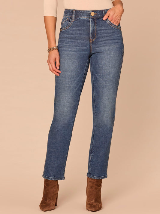 "Ab"solution® High Rise Double Side Seam Spliced Petite Straight Jeans - Blue Denim
