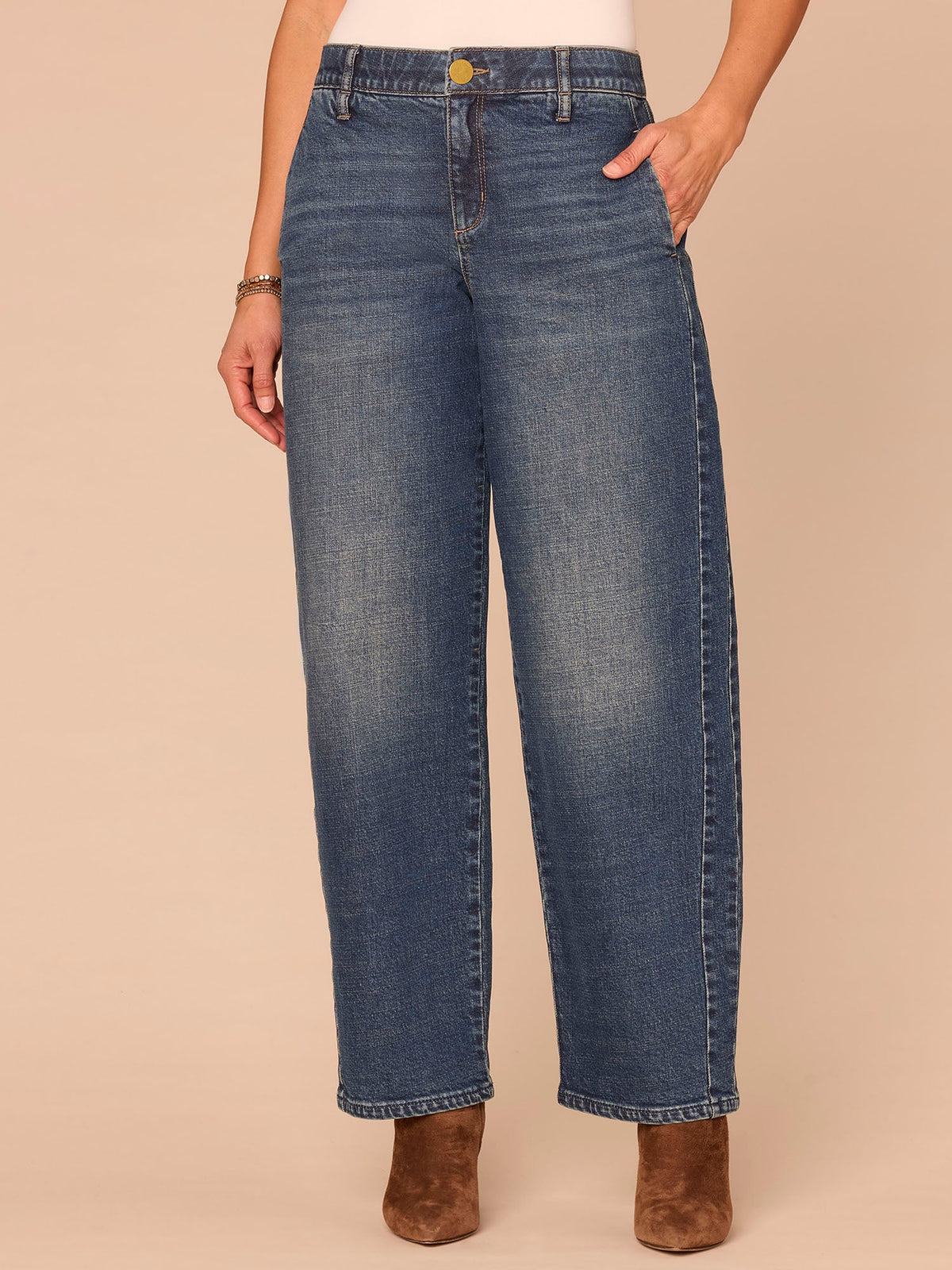 "Ab"solution® High Rise Overlap V-Yoke Side Panel Barrel Leg Jeans - Blue Denim
