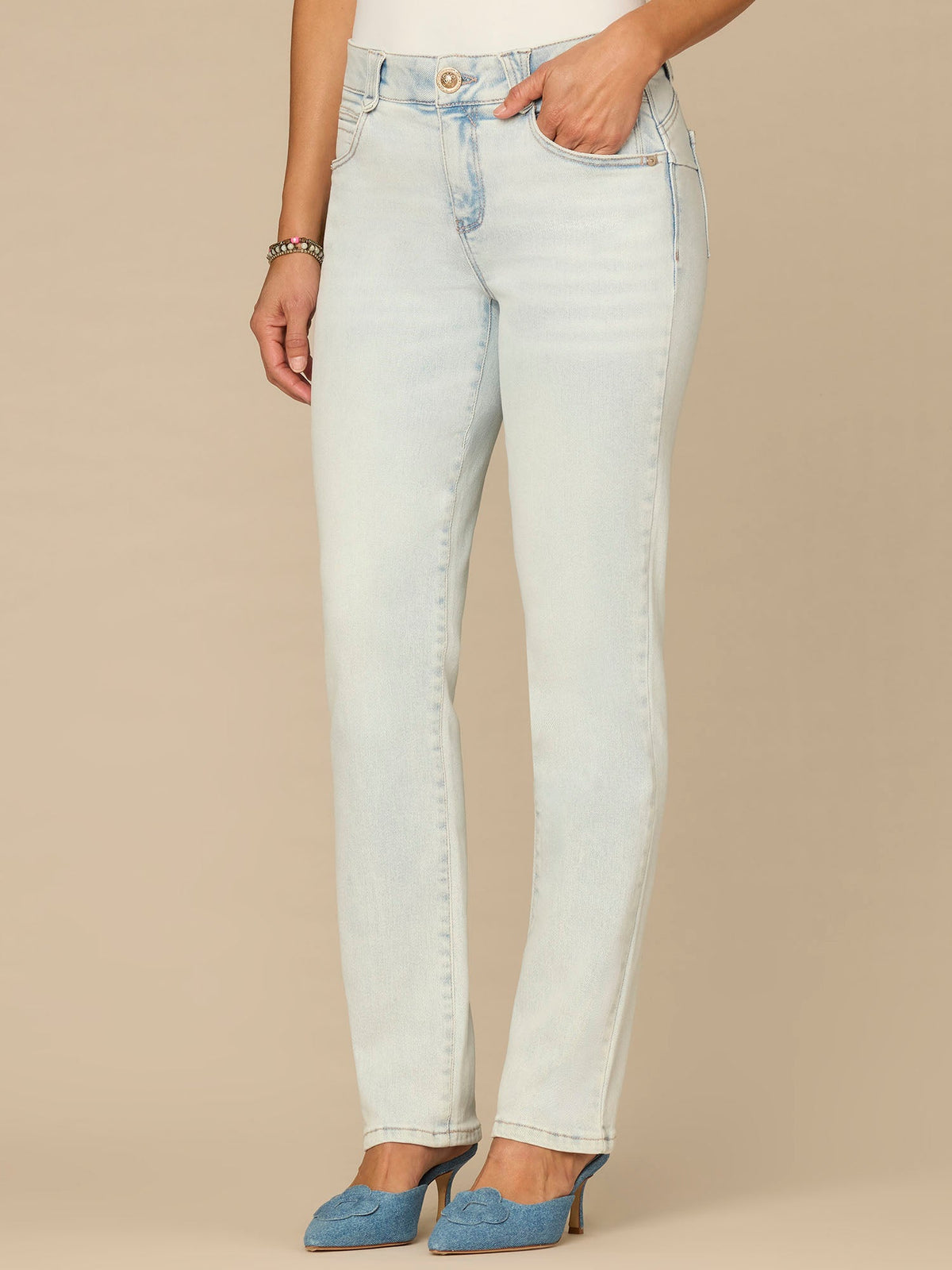 “Ab”solution® Mid-Rise Booty Lift Petite Straight Leg Jeans - Bleached Blue Denim
