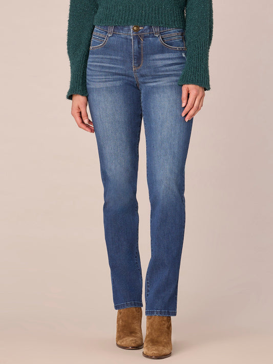 "Ab"solution Mid-Rise Straight Leg Petite Jeans with Angled Dart Seams - Blue Vintage Denim