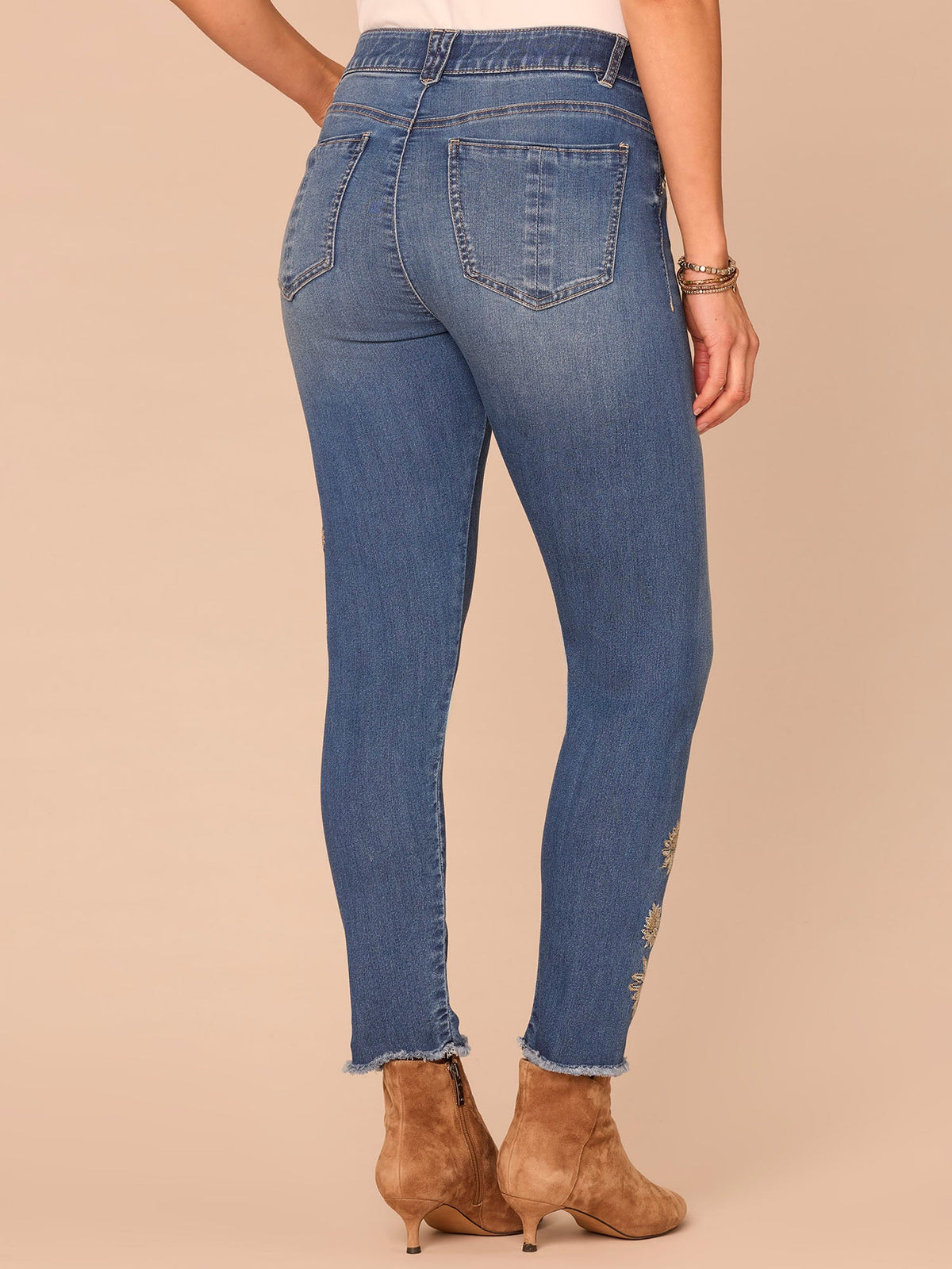 "Ab"solution® High Rise Seamless Embroidered Ankle Skimmer Petite Jean - Blue Denim