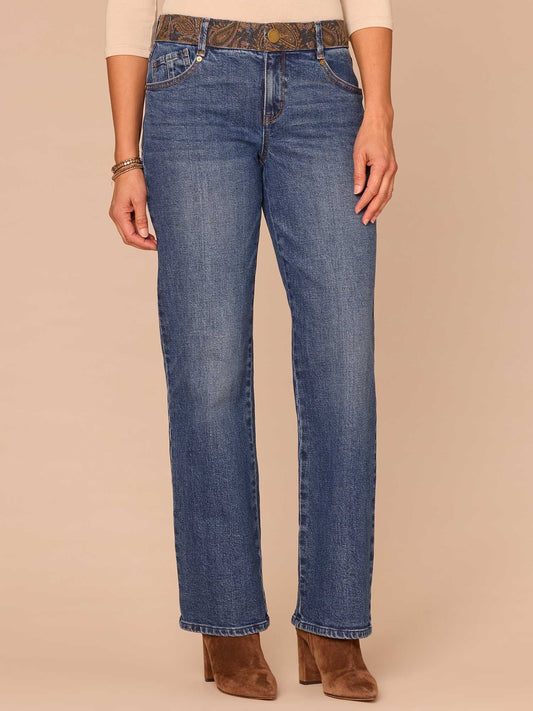 "Ab"solution® Mid-Rise Embroidered Waistband Straight Leg Jeans - Blue Denim