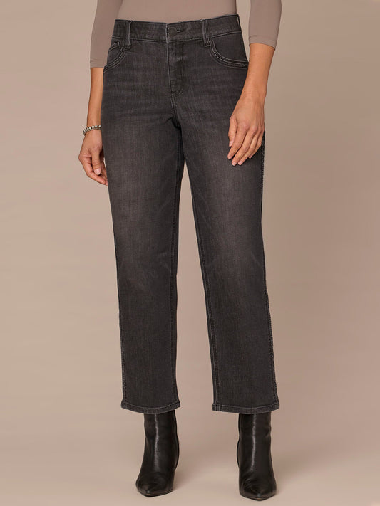 "Ab"solution® High Rise Rhinestone Ankle Straight Petite Jeans - Washed Black Denim