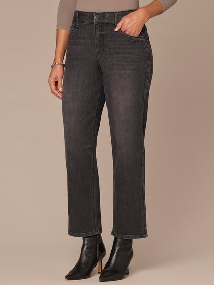 "Ab"solution® High Rise Side Seam Ankle Straight Jean with Rhinestones - Washed Black Denim
