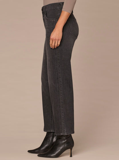 "Ab"solution® High Rise Side Seam Ankle Straight Jean with Rhinestones - Washed Black Denim