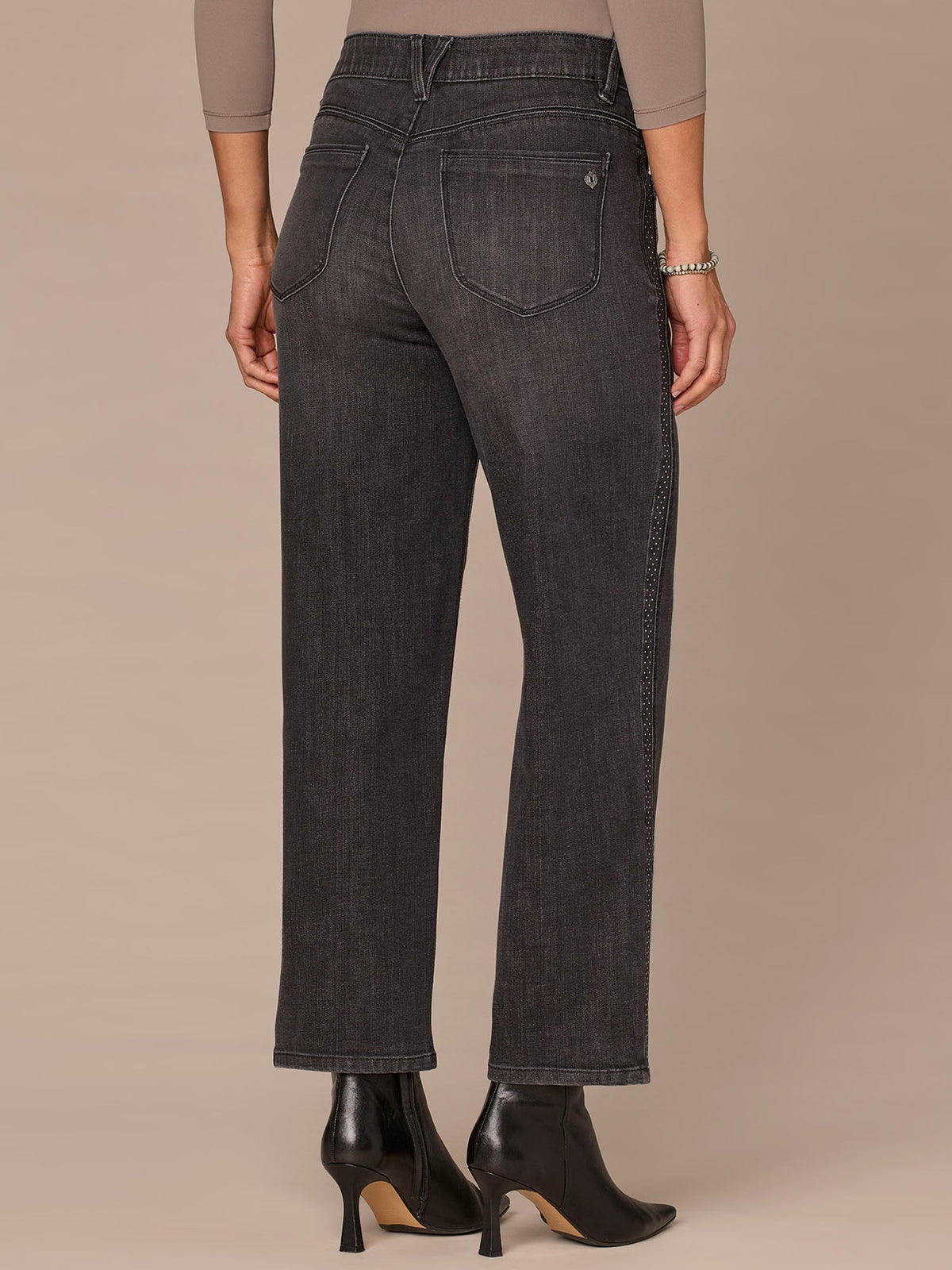 "Ab"solution® High Rise Side Seam Ankle Straight Jean with Rhinestones - Washed Black Denim
