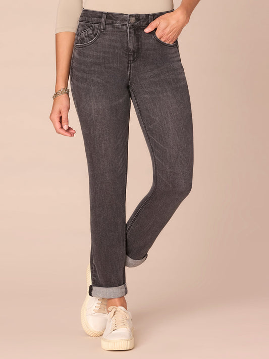 "Ab"solution® Mid-Rise Girlfriend Jeans with Roll Cuff - Washed Black Artisanal Denim
