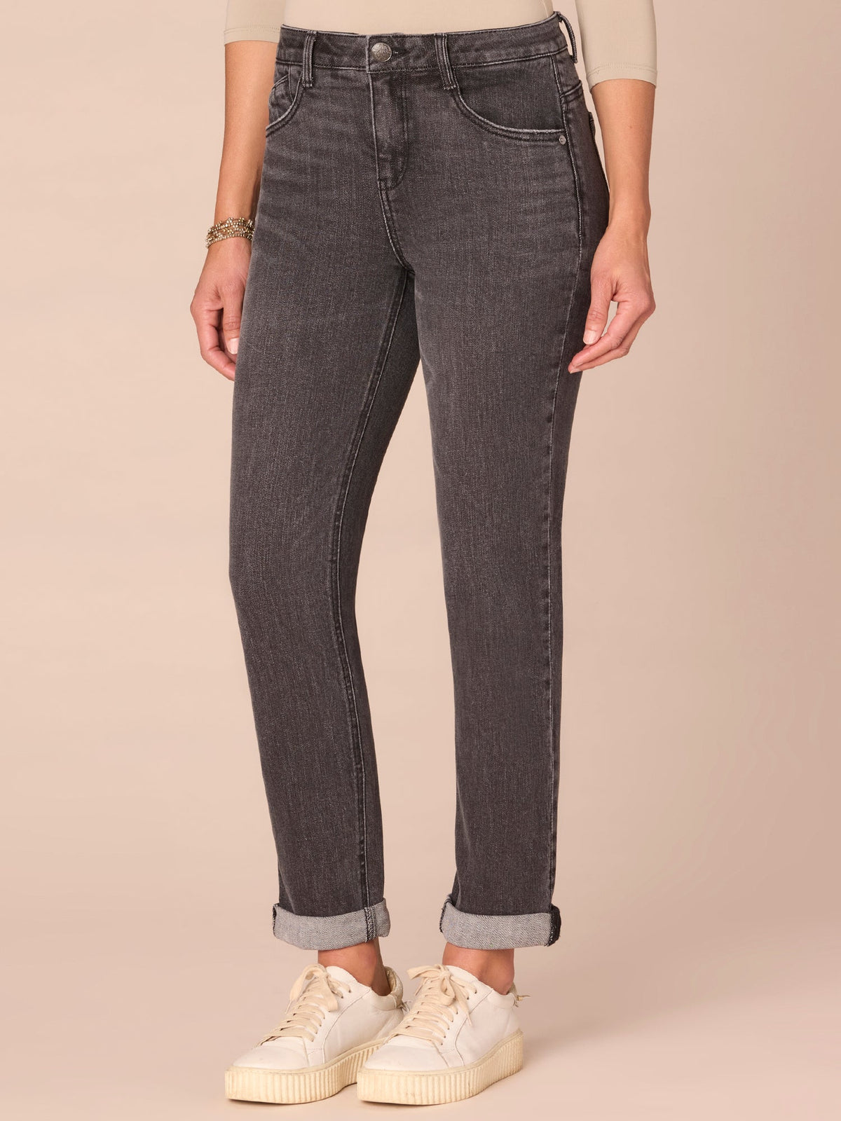 "Ab"solution® Mid-Rise Petite Girlfriend Jeans with Roll Cuff - Washed Black Artisanal Denim