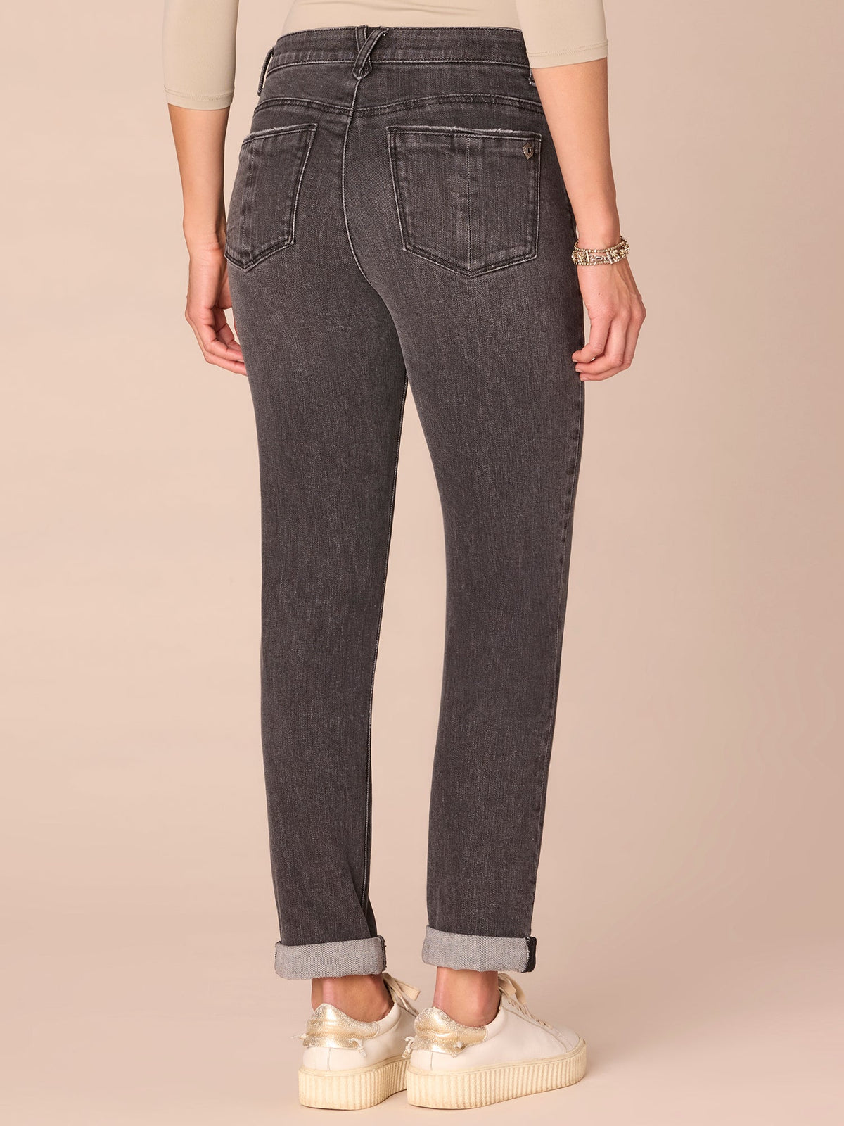 "Ab"solution® Mid-Rise Petite Girlfriend Jeans with Roll Cuff - Washed Black Artisanal Denim
