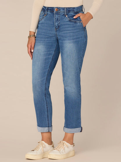 "Ab"solution Mid-Rise Side Entry Pocket Girlfriend Petite Jeans - Mid Blue Artisanal Denim