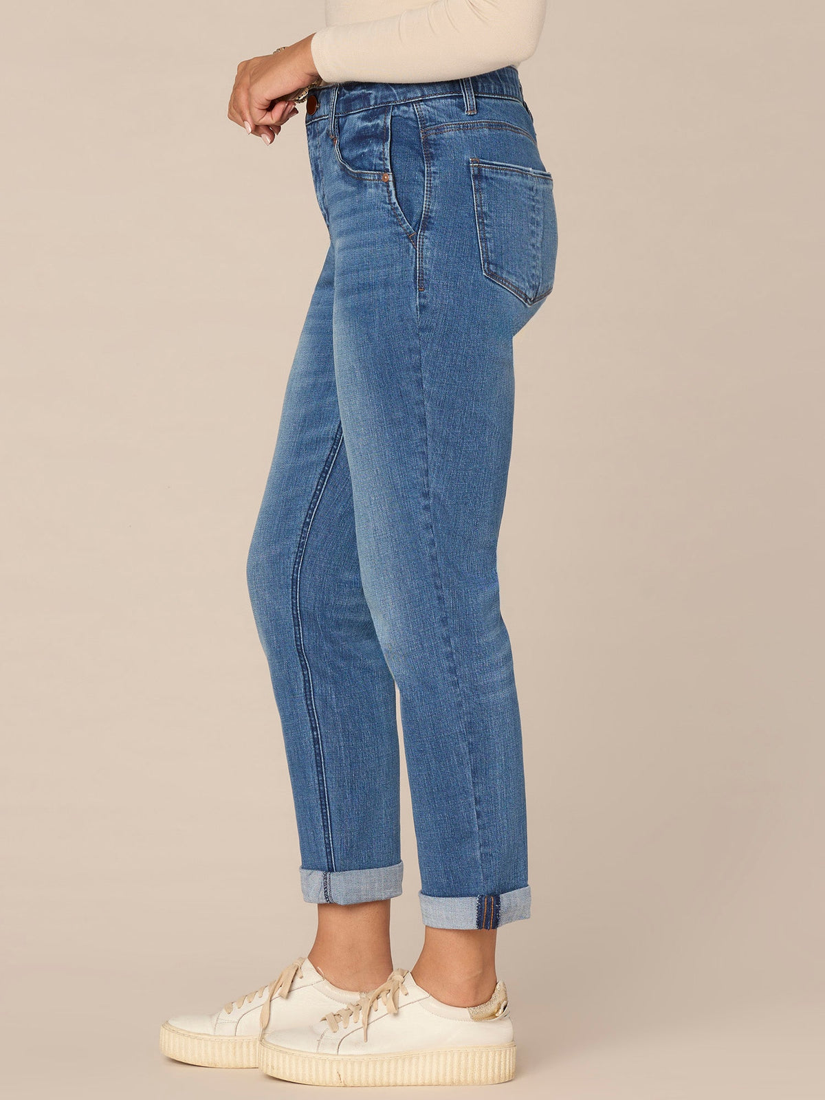"Ab"solution Mid-Rise Side Entry Pocket Girlfriend Petite Jeans - Mid Blue Artisanal Denim