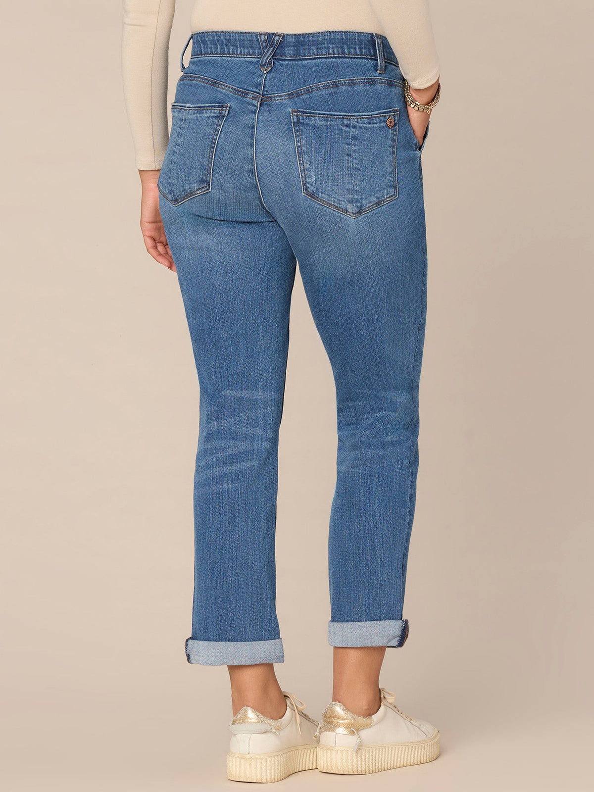 "Ab"solution Mid-Rise Side Entry Pocket Girlfriend Petite Jeans - Mid Blue Artisanal Denim