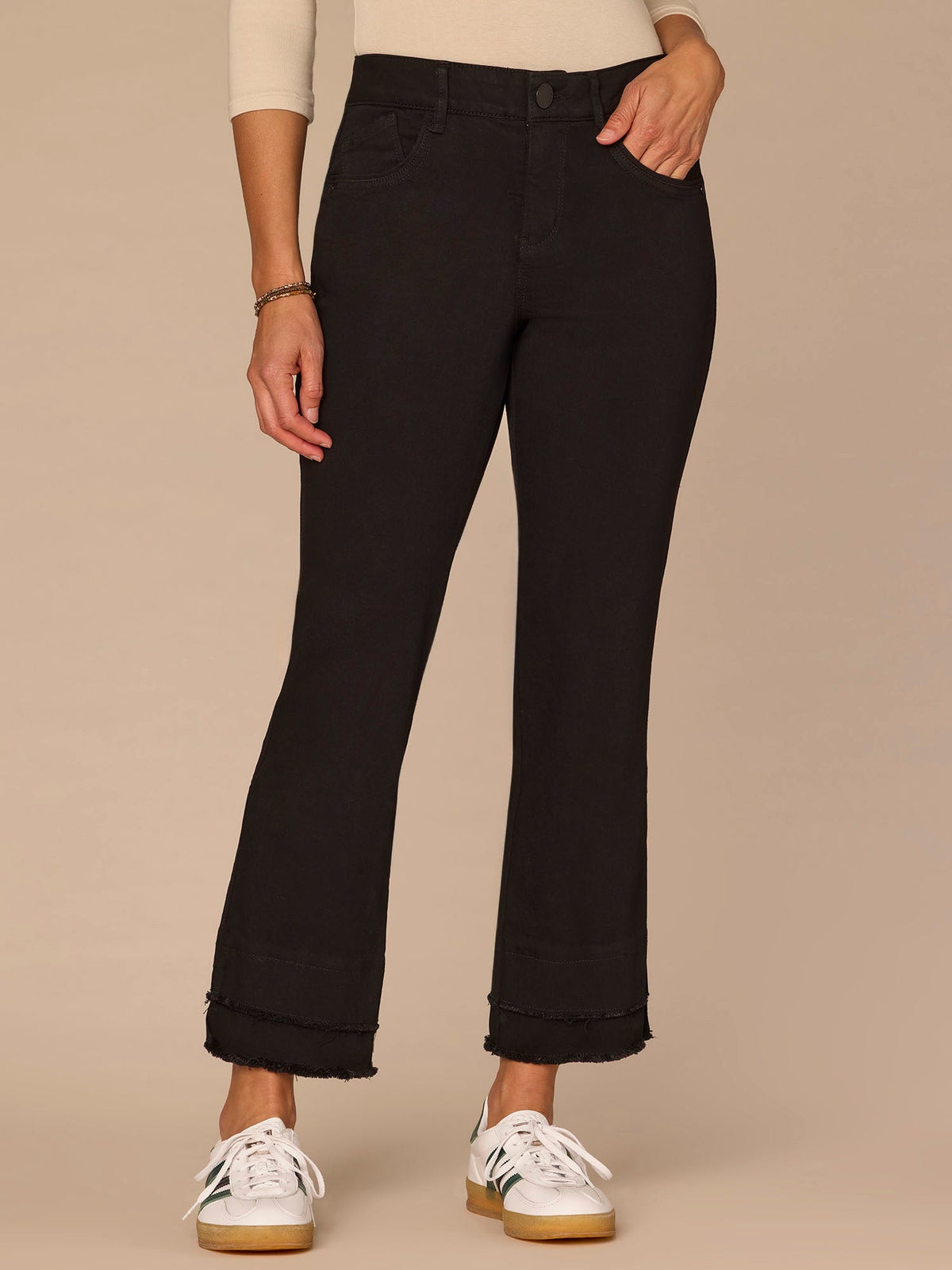 "Ab"solution® Mid-Rise Double Layer Fray Hem Kick Flare Petite Jeans - Black Denim