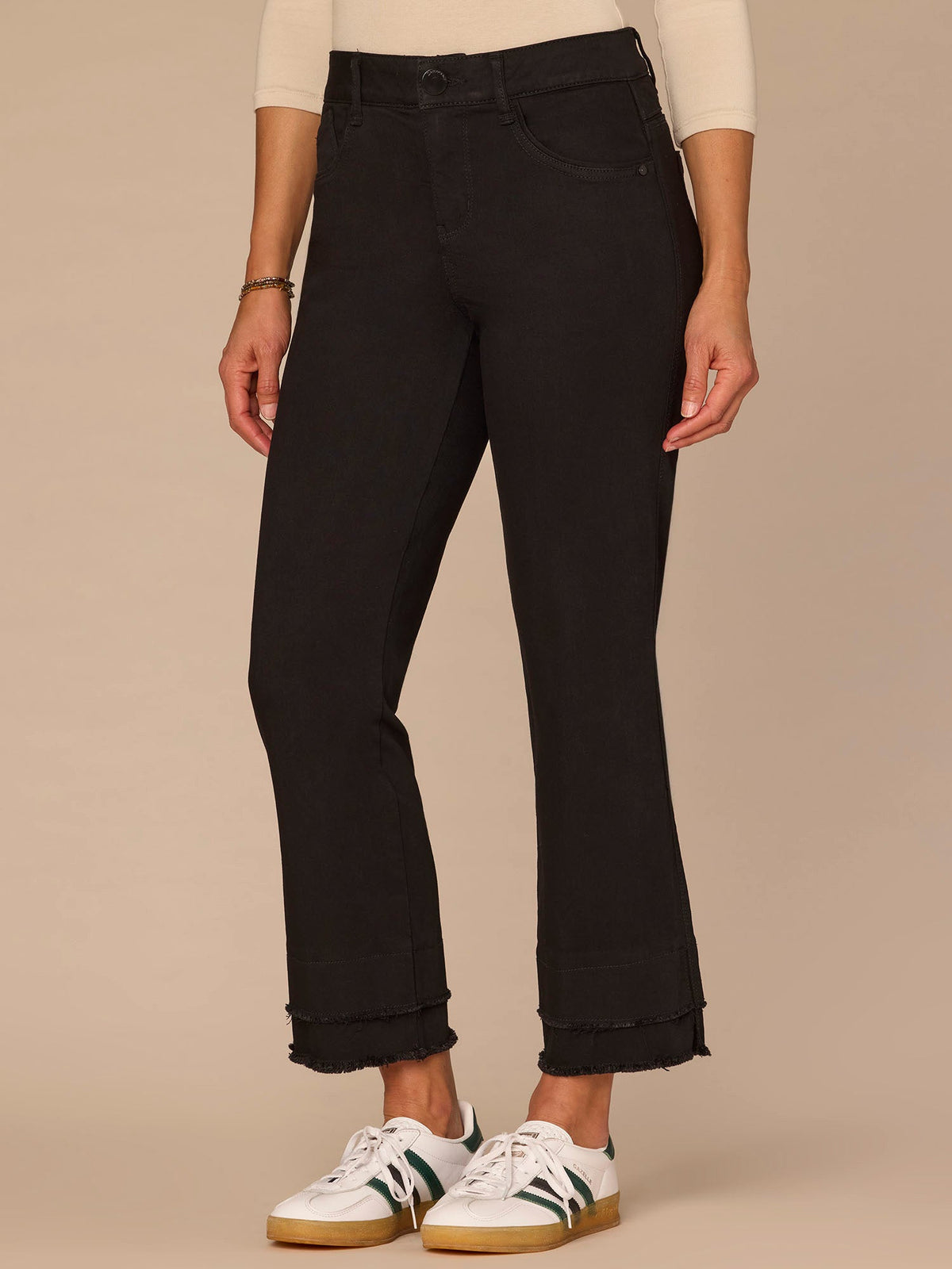 "Ab"solution® Mid-Rise Double Layer Fray Hem Kick Flare Petite Jeans - Black Denim