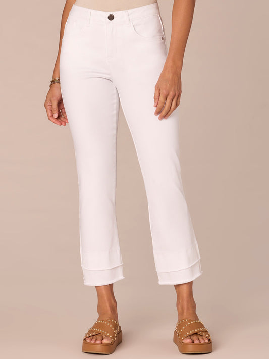 "Ab"solution Mid-Rise Flare Jeans with Double Layer Fray Hem - Optic White Denim