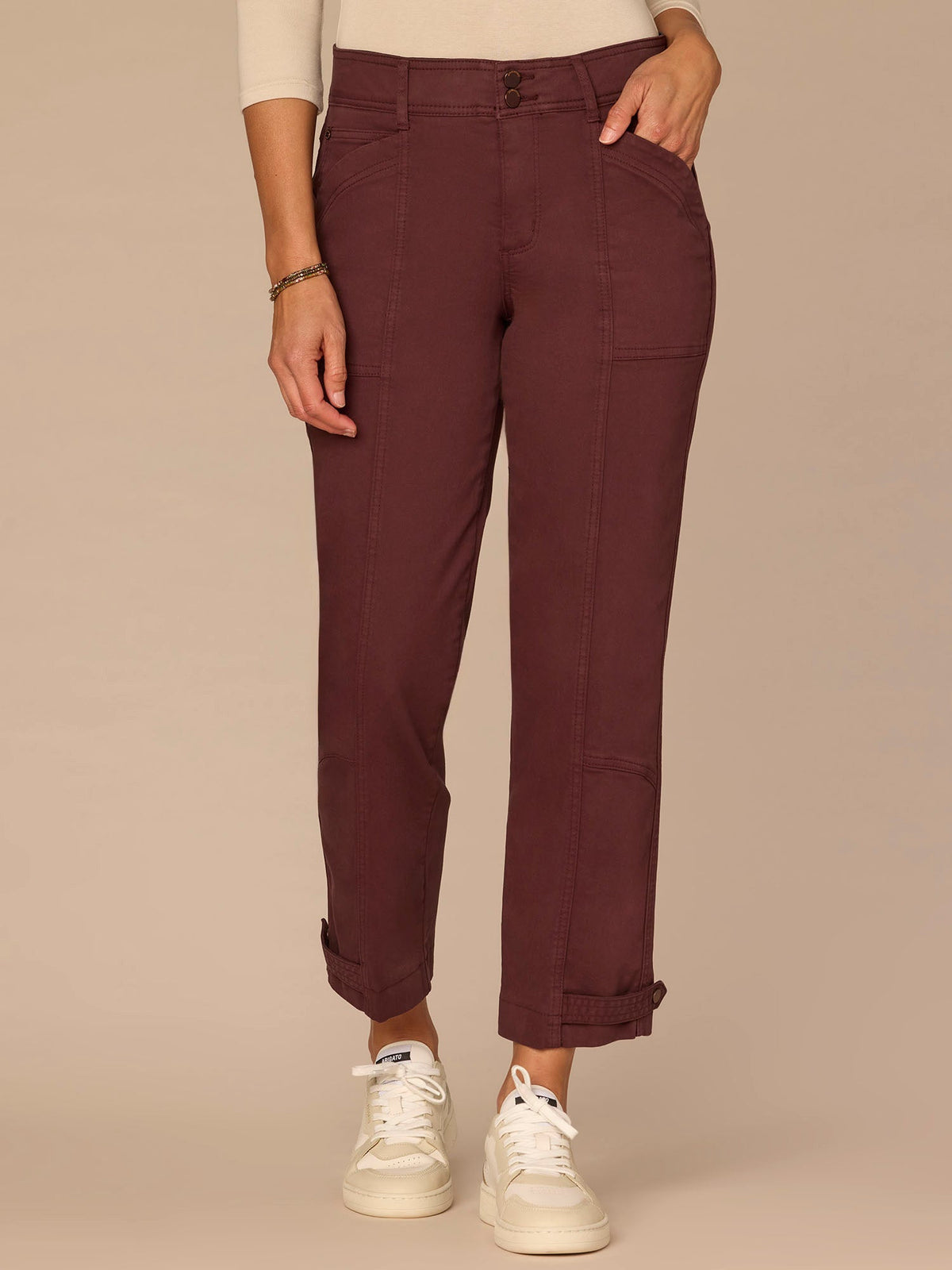 "Ab"solution High Rise Snap Hem Petite Utility Pant - Lily Pad|Cherry Chocolate|Thyme|Stone|Ballet Pink|Biscotti|Oxblood|Ultra Navy|Vintage Walnut|Raw Sienna