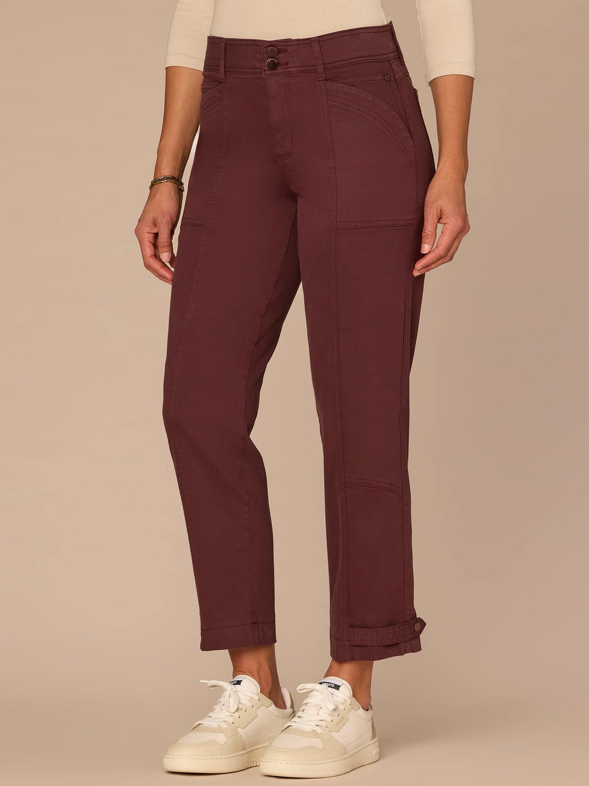 "Ab"solution® High Rise Tapered Utility Pant with Snap Hem - Thyme|Oxblood|Ultra Navy|Lily Pad|Cherry Chocolate|Ballet Pink|Biscotti|Optic White|Stone|Vintage Walnut