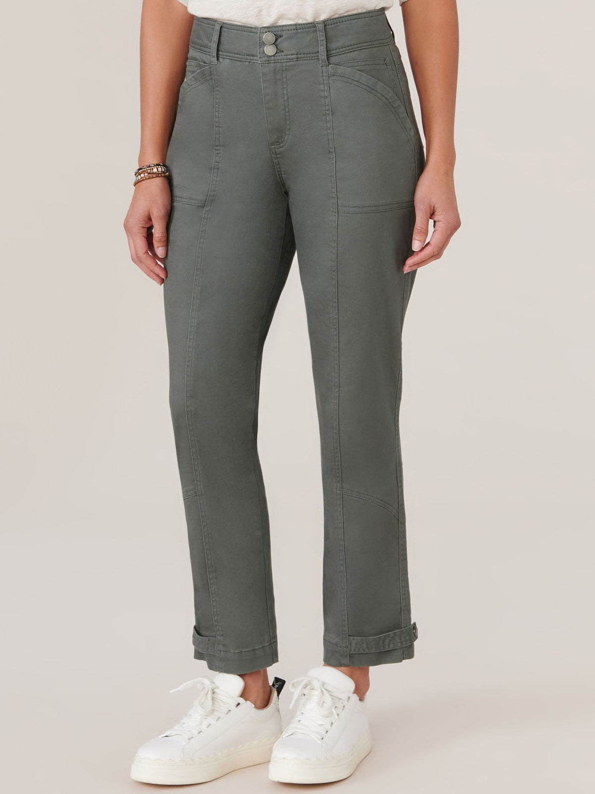 "Ab"solution® High Rise Tapered Utility Pant with Snap Hem - Thyme|Oxblood|Ultra Navy|Lily Pad|Cherry Chocolate|Ballet Pink|Biscotti|Optic White|Stone|Vintage Walnut