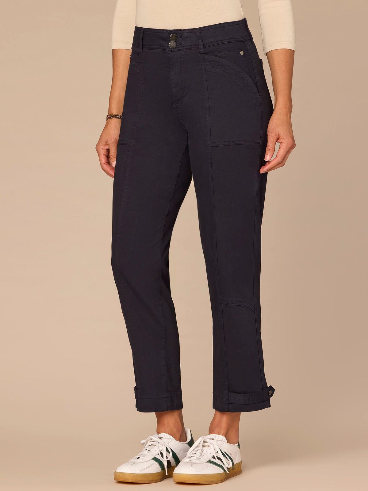 "Ab"solution® High Rise Tapered Utility Pant with Snap Hem - Thyme|Oxblood|Ultra Navy|Lily Pad|Cherry Chocolate|Ballet Pink|Biscotti|Optic White|Stone|Vintage Walnut