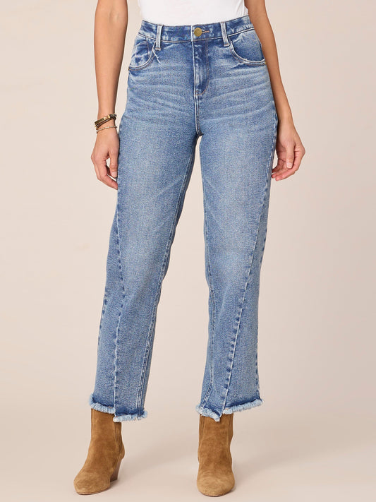 "Ab"solution High Rise Ankle Length Straight Leg Jeans with Fray Hem - Mid Blue Denim