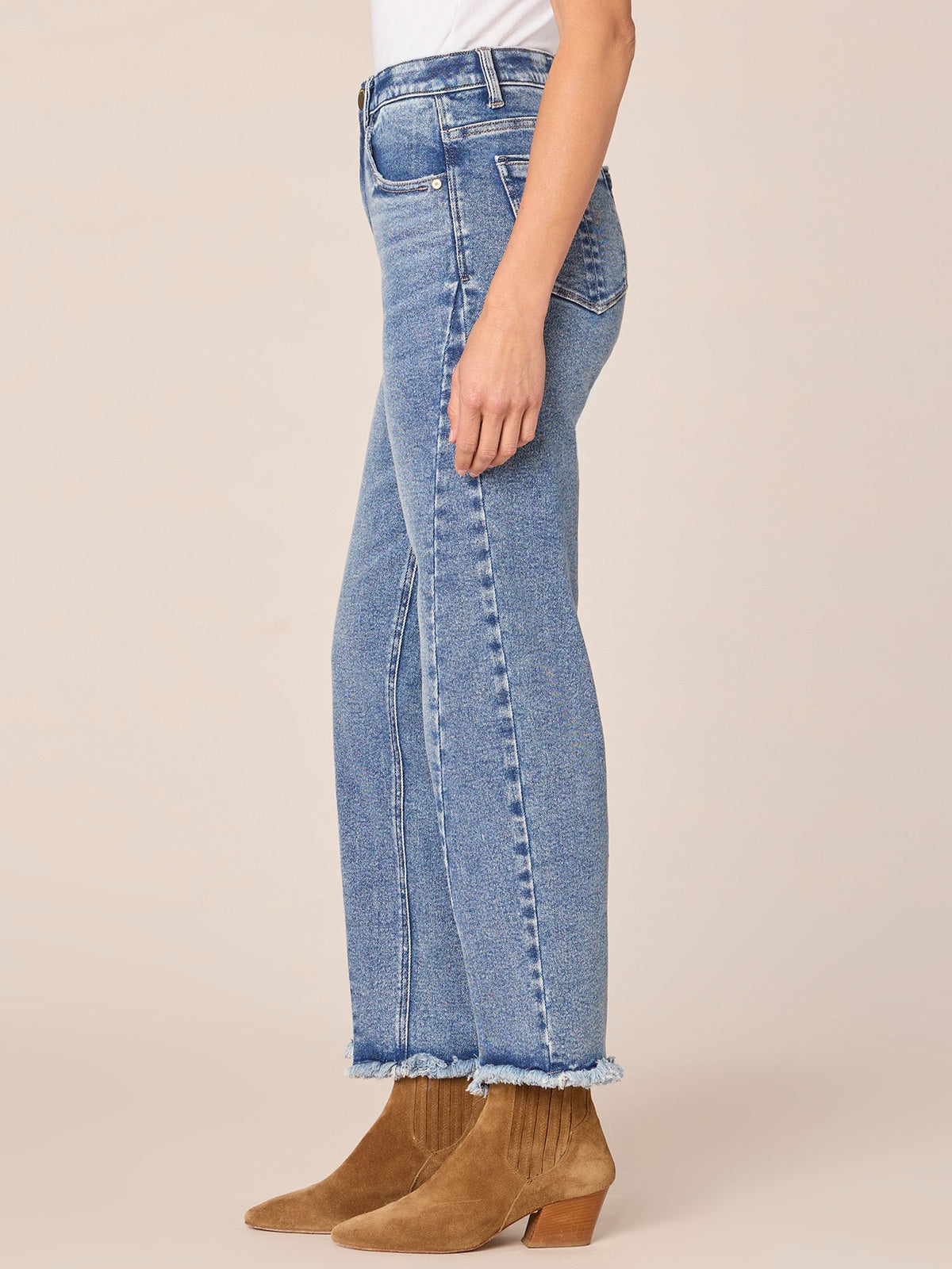 "Ab"solution High Rise Ankle Length Straight Leg Jeans with Fray Hem - Mid Blue Denim