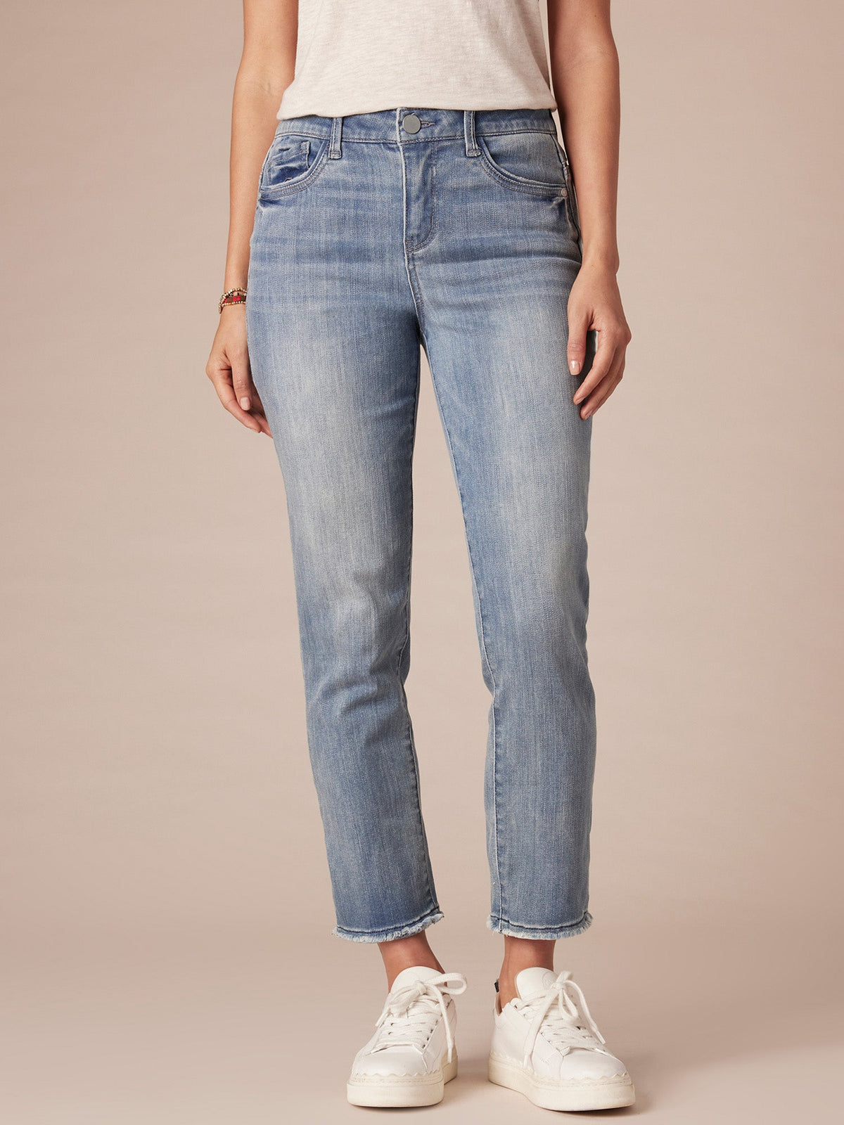 "Ab"solution Petite Slim Straight Jean with Embroidered Cascading "D" - Mid Blue Denim