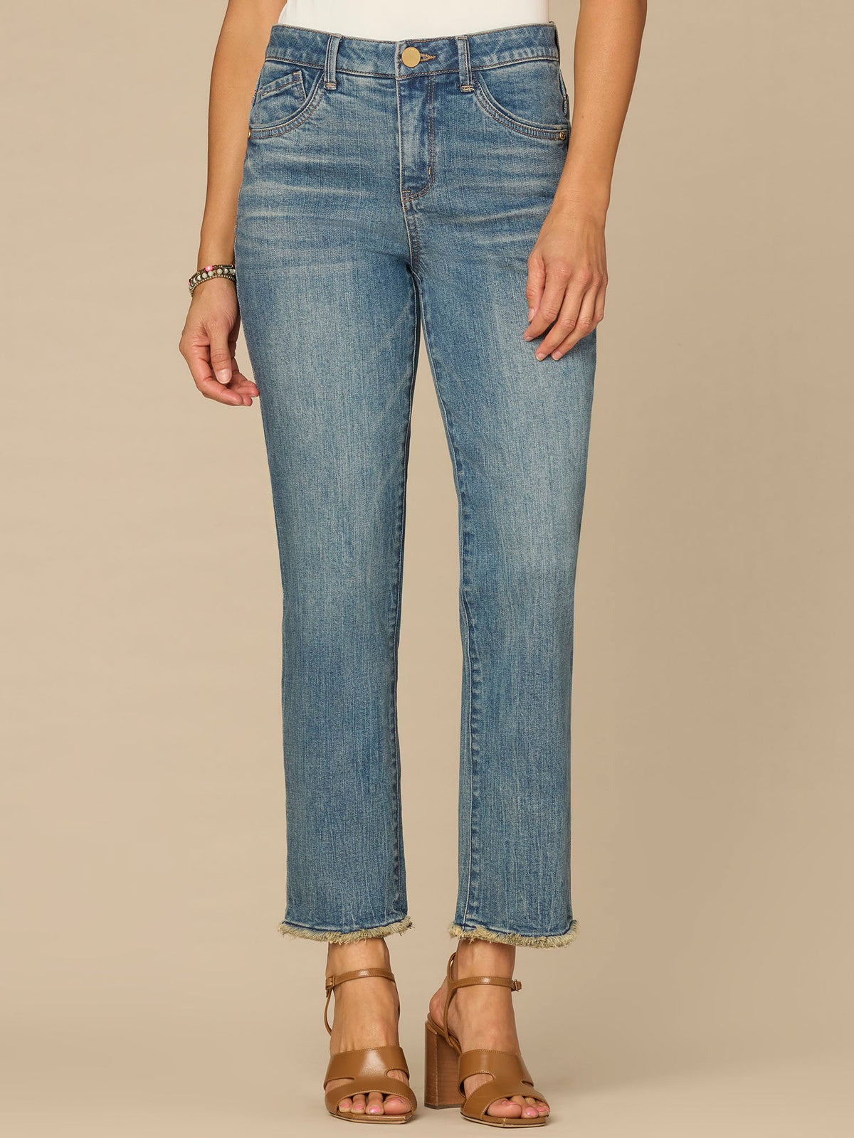 “Ab”solution® High Rise Embroidered Pocket Fray Hem Slim Straight Jean - Mid Blue Artisanal Denim
