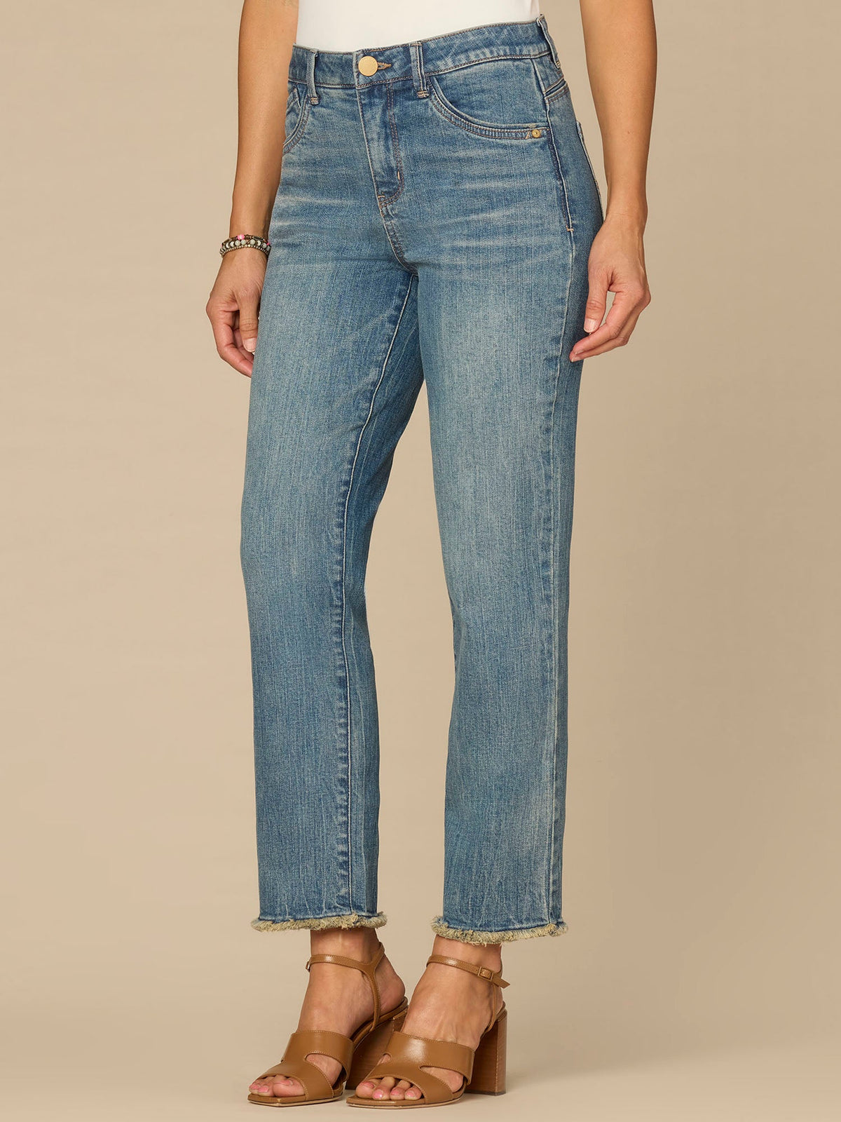 “Ab”solution® High Rise Embroidered Pocket Fray Hem Slim Straight Jean - Mid Blue Artisanal Denim