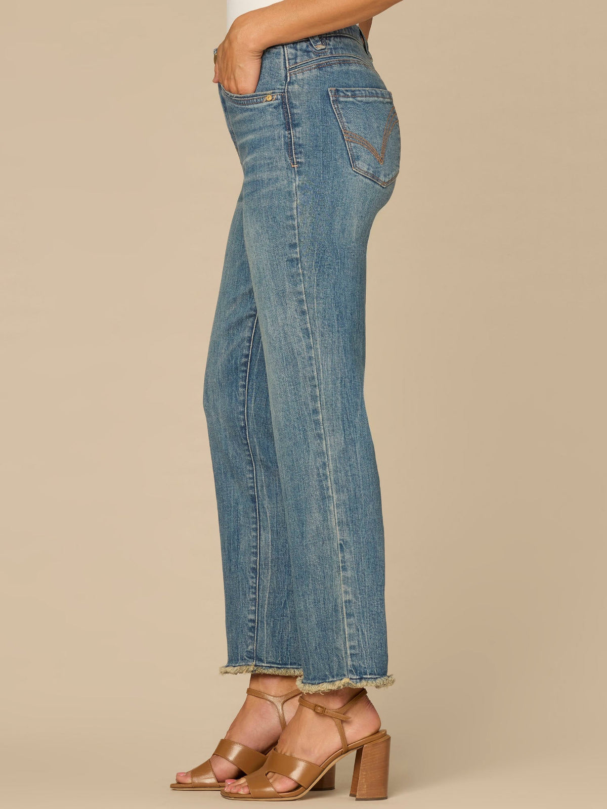 “Ab”solution® High Rise Embroidered Pocket Fray Hem Slim Straight Jean - Mid Blue Artisanal Denim