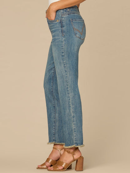 “Ab”solution® High Rise Embroidered Pocket Fray Hem Slim Straight Jean - Mid Blue Artisanal Denim