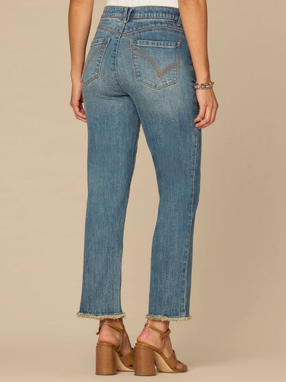 “Ab”solution® High Rise Embroidered Pocket Fray Hem Slim Straight Jean - Mid Blue Artisanal Denim