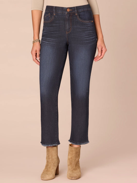 “Ab”solution® High Rise Fray Slim Straight Jeans with Cascading D - Dark Indigo Artisanal Denim