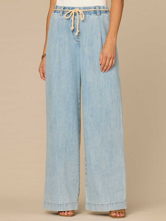 "Ab"leisure Skyrise Rope Belt Pleated Petite Wide Leg Jeans - Light Blue Denim