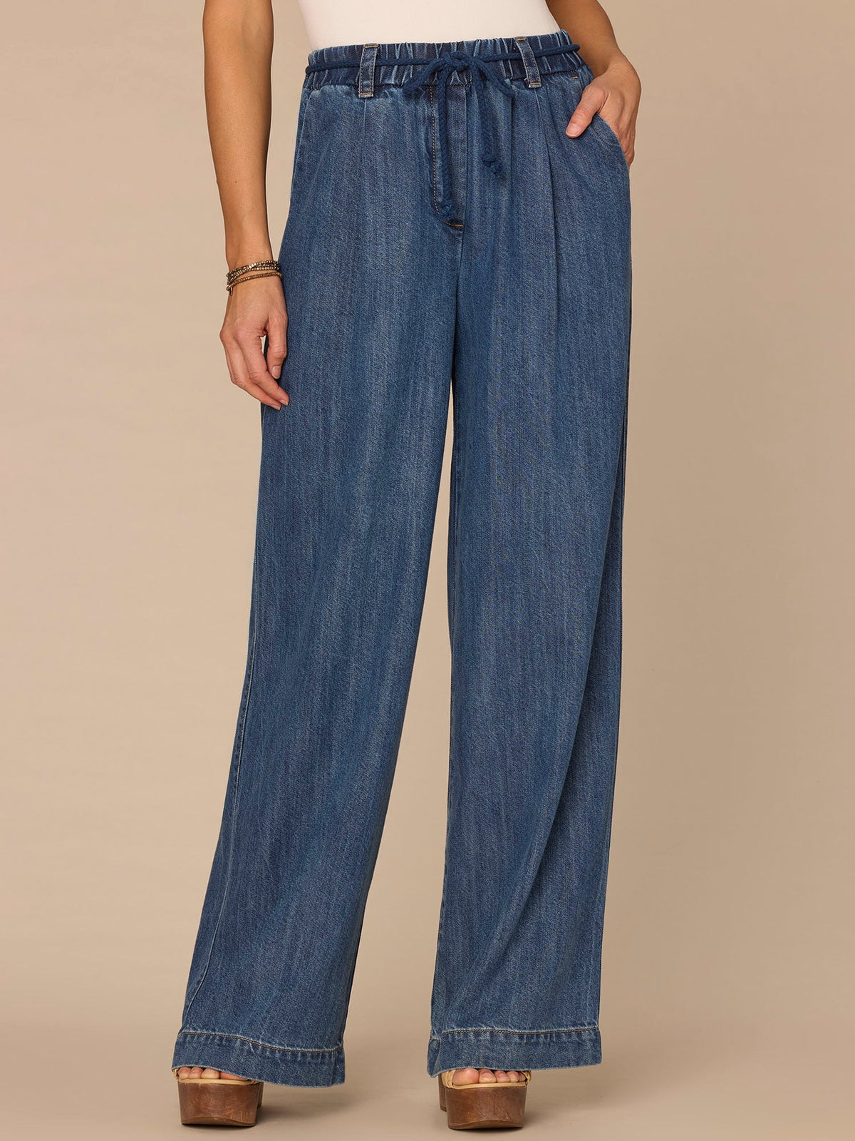 "Ab"leisure Skyrise Tie Belt Spade Pocket Pleated Petite Wide Leg Jean - Mid Blue Denim