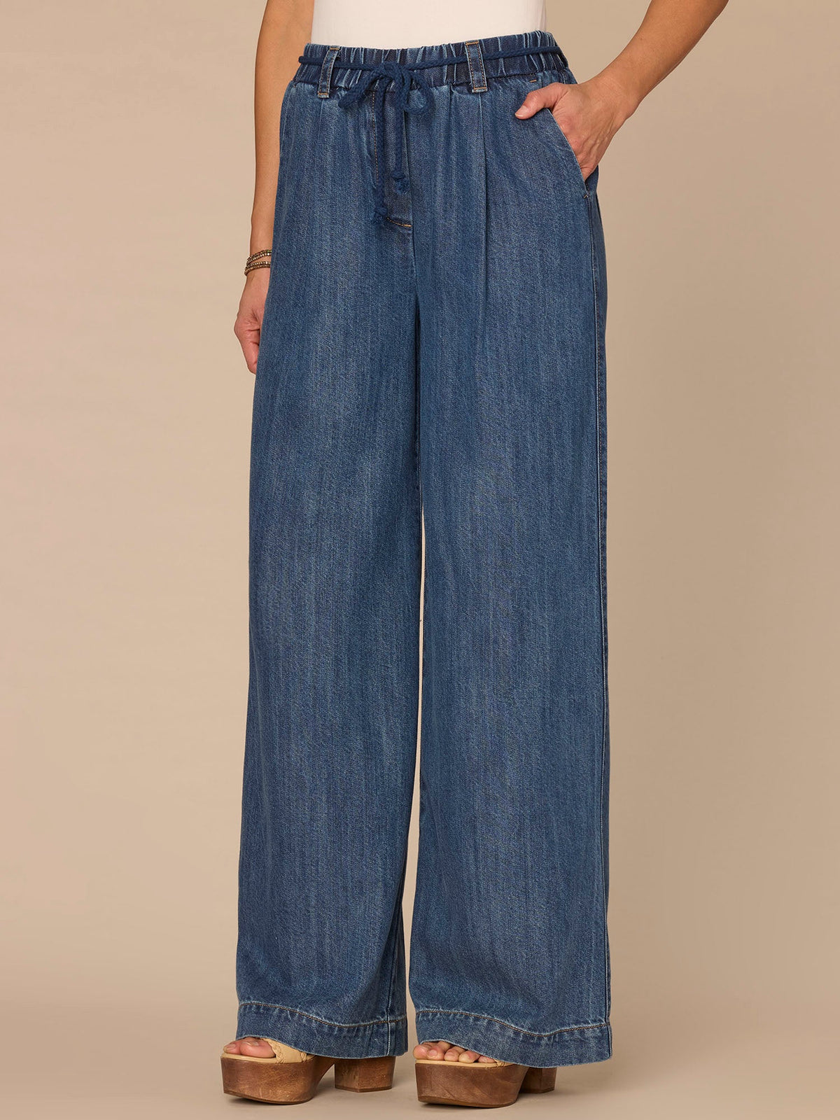 "Ab"leisure Skyrise Tie Belt Spade Pocket Pleated Petite Wide Leg Jean - Mid Blue Denim