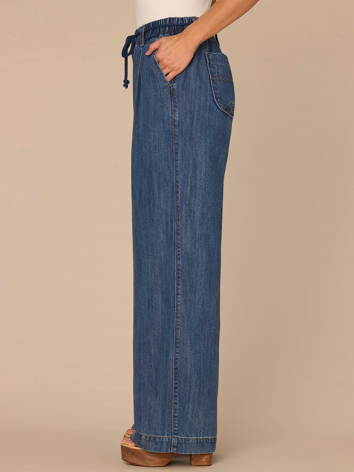 "Ab"leisure Skyrise Tie Belt Spade Pocket Pleated Petite Wide Leg Jean - Mid Blue Denim