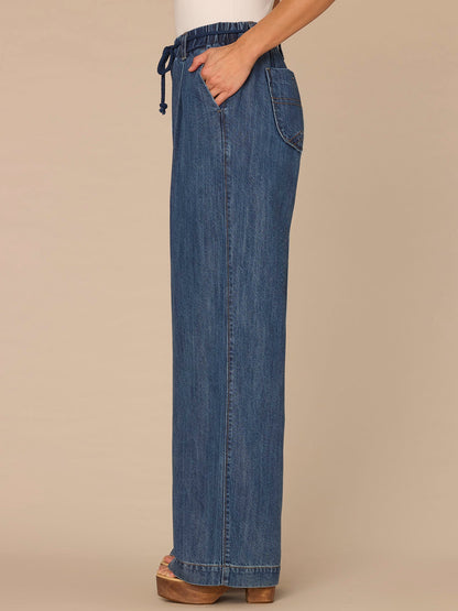 "Ab"leisure Skyrise Tie Belt Spade Pocket Pleated Petite Wide Leg Jean - Mid Blue Denim