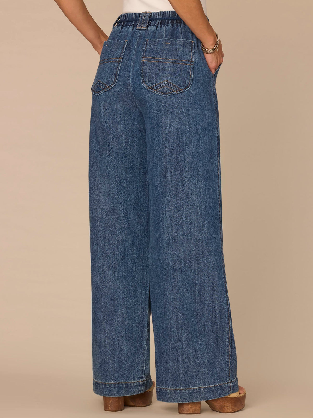 "Ab"leisure Skyrise Tie Belt Spade Pocket Pleated Petite Wide Leg Jean - Mid Blue Denim